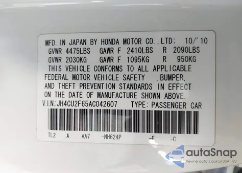 2010 Acura Tsx 2.4 from USA, damaged, VIN JH4CU2F65AC042607
